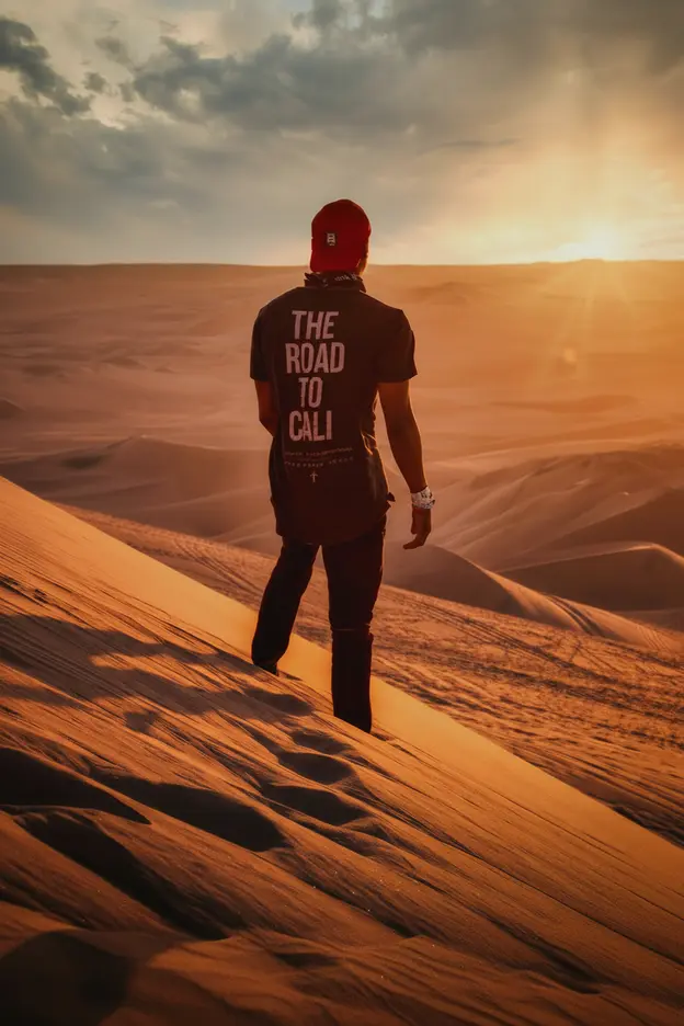 Wanderer exploring desert dunes at sunset